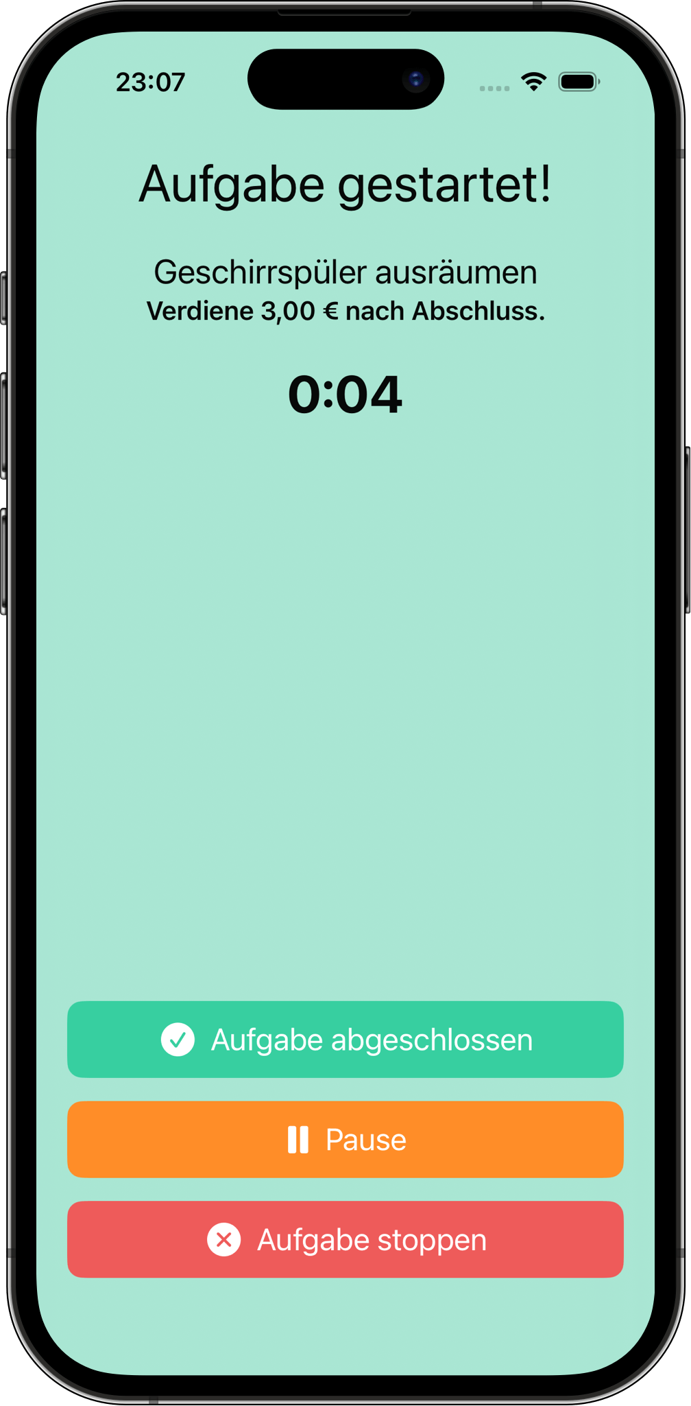 Screenshot einer aktiven Aufgabe in Aufgaben und Belohnung mit Timer und Schaltflächen zum Abschließen, Pausieren oder Stoppen der Aufgabe.