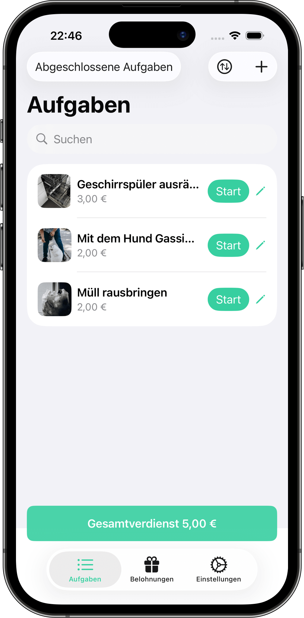 Screenshot der Aufgabenübersicht in Aufgaben und Belohnung mit Schaltfläche zum Starten von Aufgaben wie „Geschirrspüler ausräumen“ und Anzeige des verdienten Betrags.
