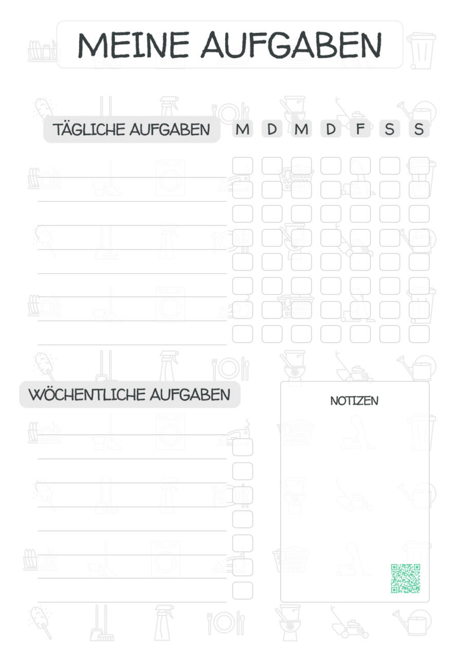 Vorlage mit dem Titel „Meine Aufgaben“ – Übersicht für tägliche und wöchentliche Aufgaben nach Wochentagen sowie einem Feld für Notizen.