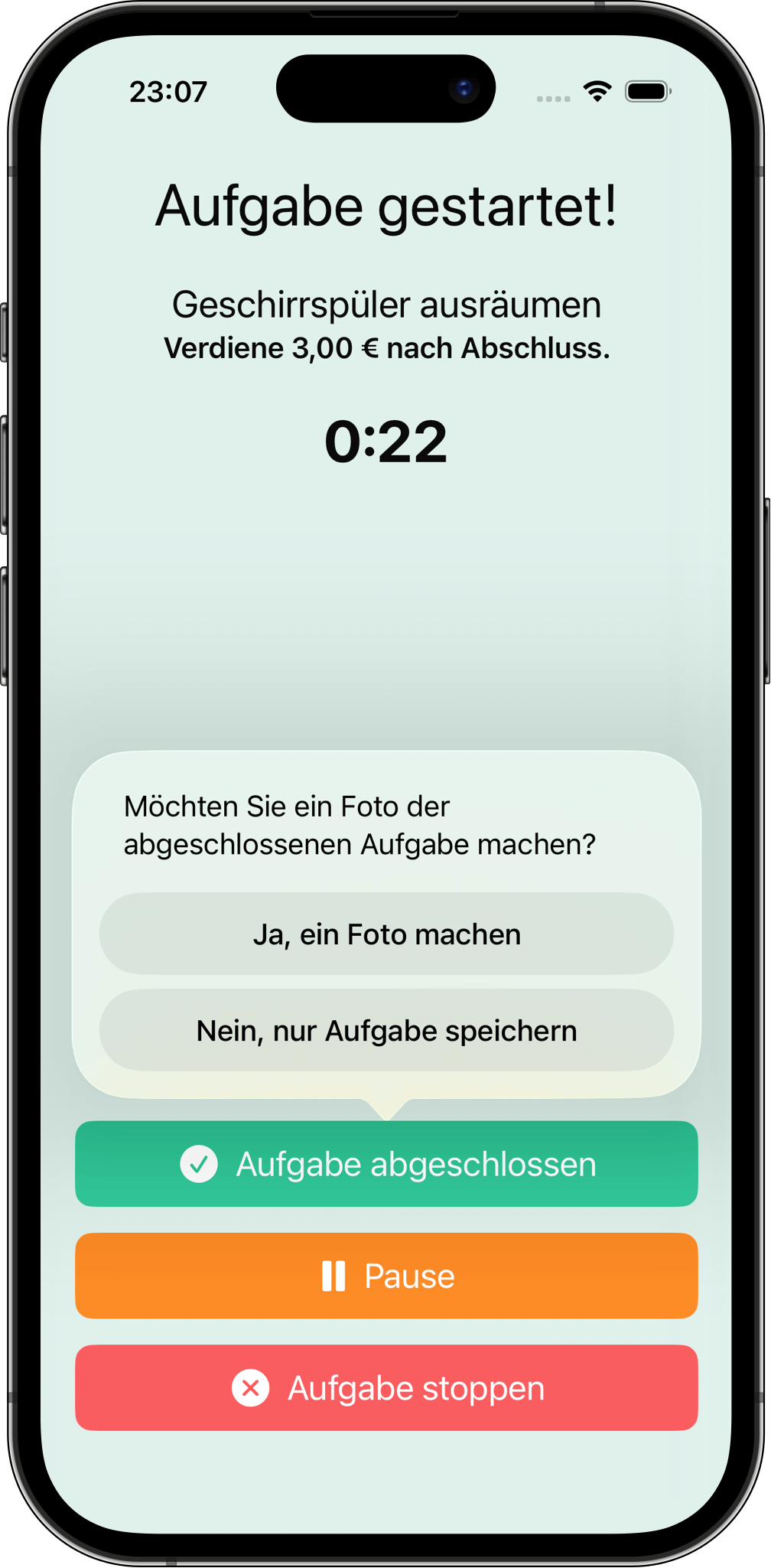 Popup in Aufgaben und Belohnung, in dem der Nutzer ein Foto als Beleg für eine erledigte Aufgabe aufnehmen kann.