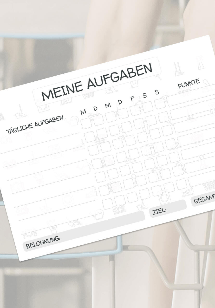Aufgabenplan mit Feldern für tägliche Aufgaben, Punktevergabe, Wochenziel und Belohnung – gestaltet für Kinder und Familien.
