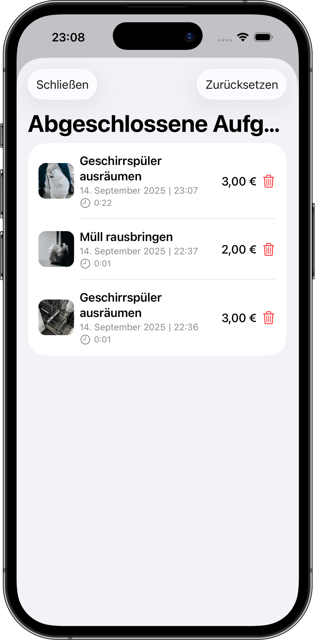 Übersicht in Aufgaben und Belohnung über erledigte Aufgaben mit Datum, Uhrzeit und Betrag – inklusive Option zum Zurücksetzen.