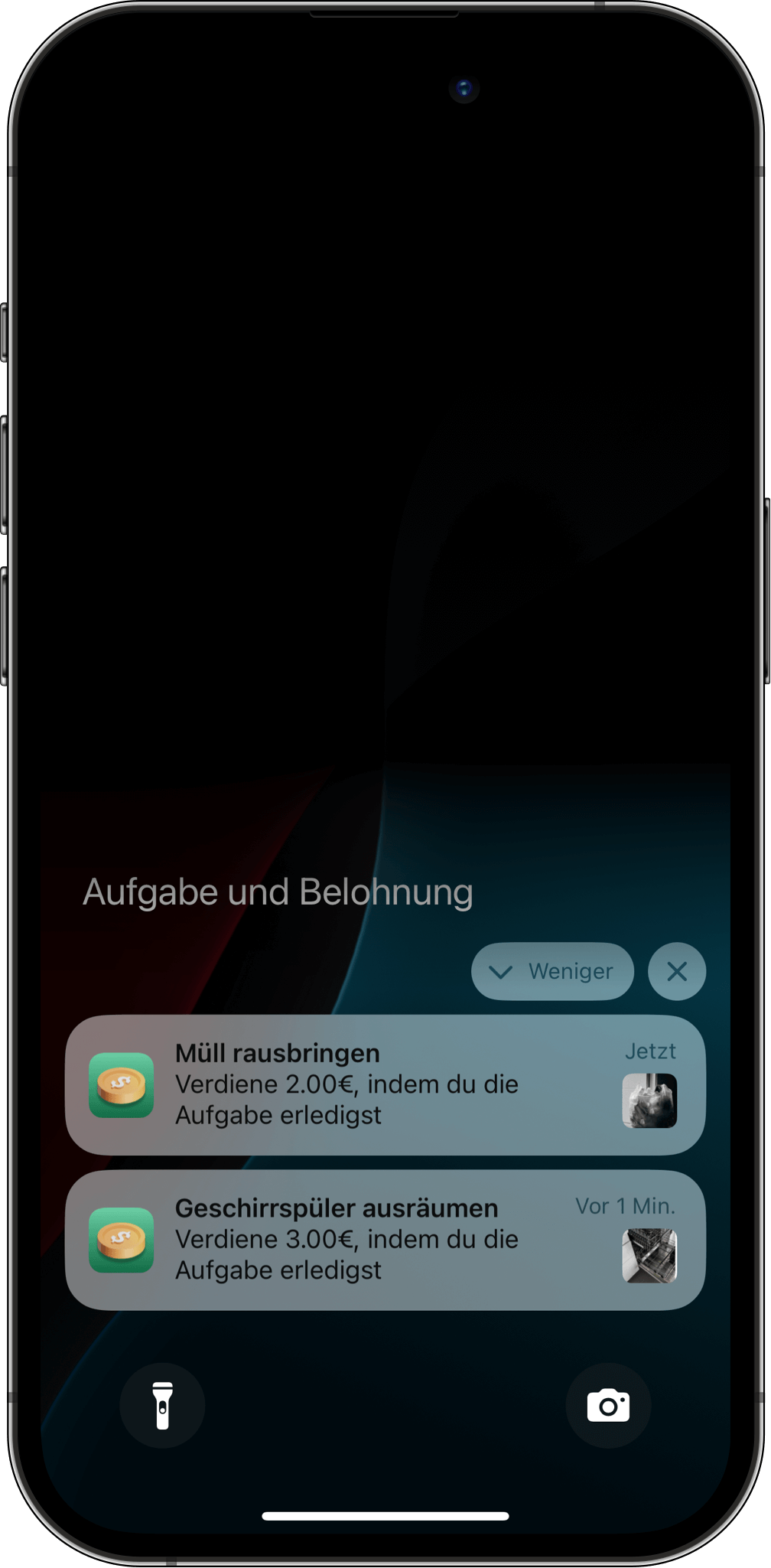 Geplante Aufgaben mit Erinnerungen – Anzeige täglicher Benachrichtigungen zu Hausarbeiten wie „Geschirrspüler ausräumen“ und „Müll rausbringen“ in der Aufgaben und Belohnung-App.