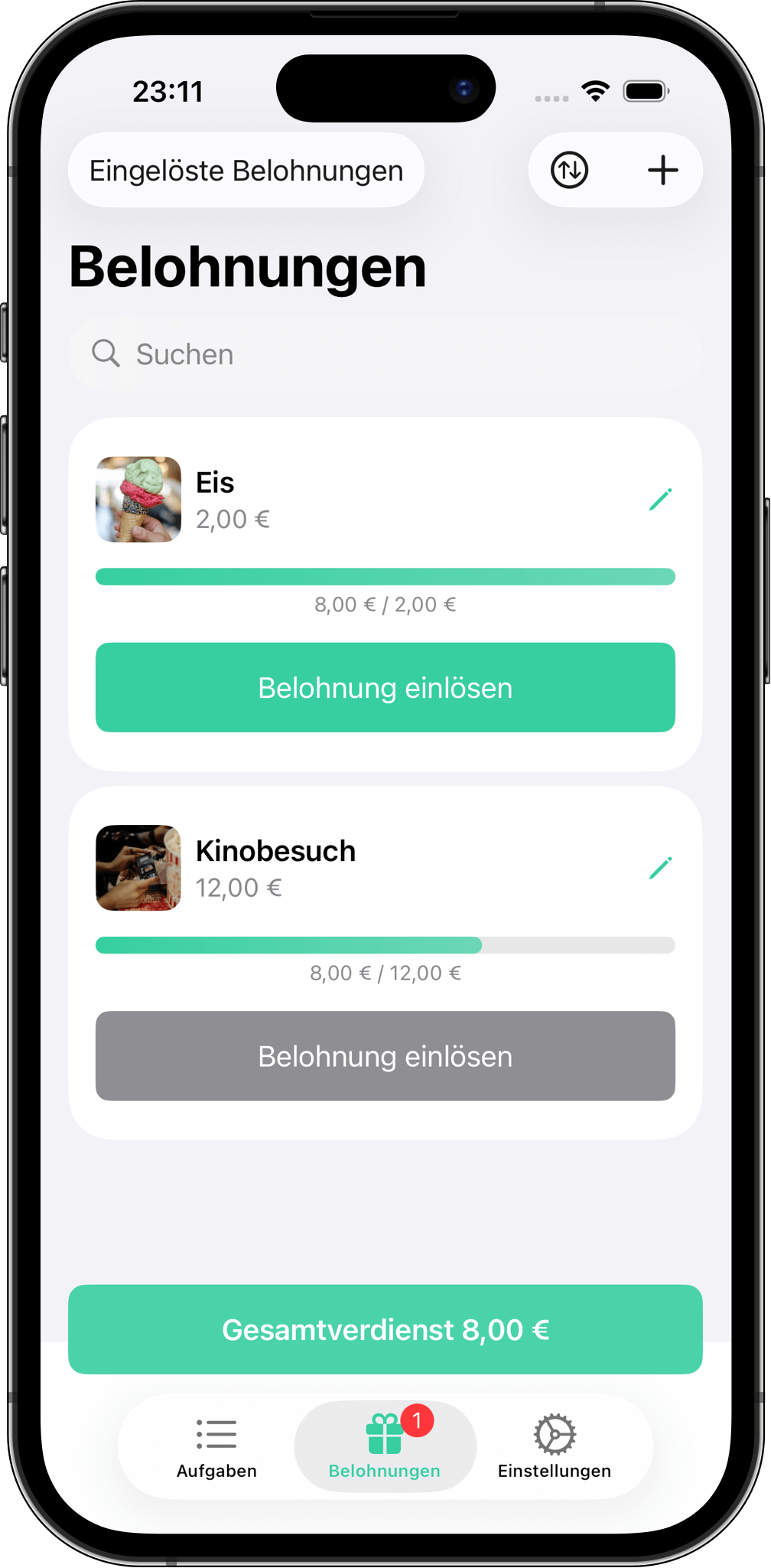 Screenshot aus Aufgaben und Belohnung mit Belohnungen wie „Kinobesuch“ und „Eis“ sowie Fortschrittsanzeige zur Einlösung.
